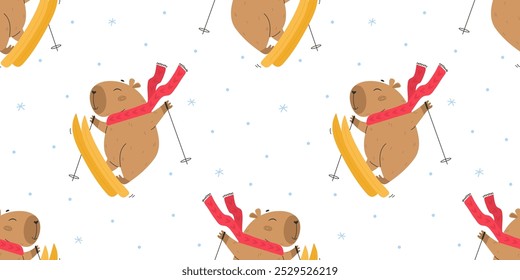 Skiing funny capybara character pattern