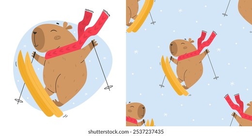 Skiing funny capybara character seamless pattern