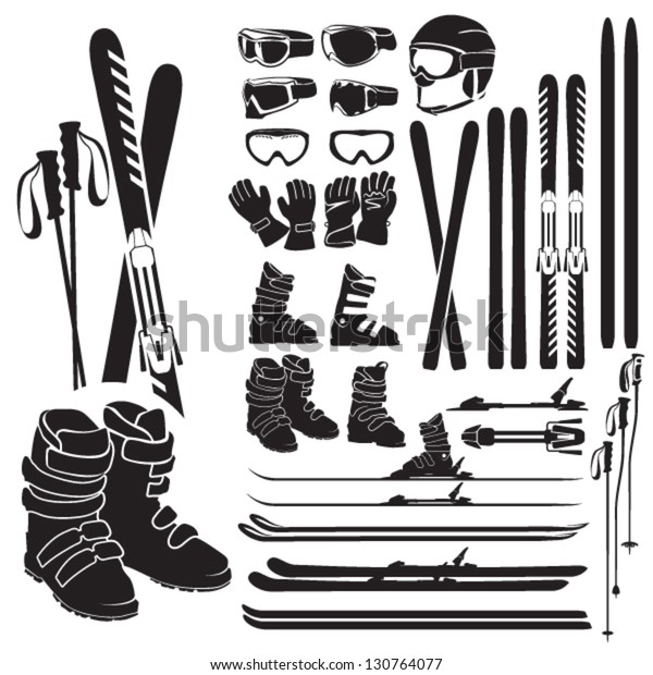 Skiing gear set - assortment of skiing eqiupment\
silhouette icons