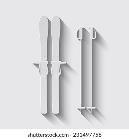  Skiing gear set - assortment of skiing equipment silhouette with shadow on a grey background