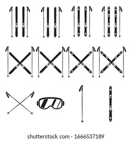 Skiing gear set. Assortment of skis, poles and goggles. Silhouette icons. 