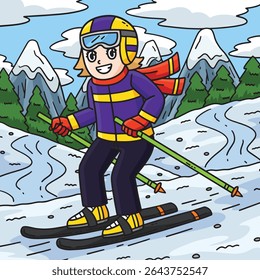 Skiing Girl Colored Cartoon Illustration 
