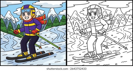 Skiing Girl Coloring Page Colored Illustration 