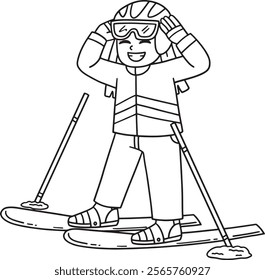 Skiing Girl Fixing Ski Goggles Isolated Coloring 