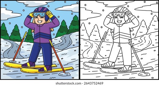 Esquiador Menina Fixando Óculos de Esqui Ilustração 