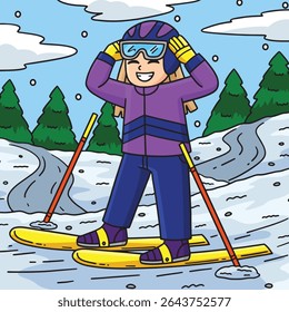 Skiing Girl Fixing Ski Goggles Colored Cartoon 