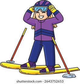 Esquiador Menina Fixando Óculos de Esqui Cartoon Clipart 