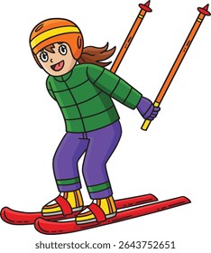 Skiing Girl Gliding with Skiboards Cartoon Clipart