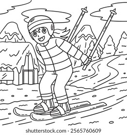 Skiing Girl Gliding with Skiboards Coloring Page 