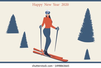 Skiing. Girl skiing, in a helmet, glasses - snow, pines, spruce, - flat style - illustration, vector. Happy New Year 2020.