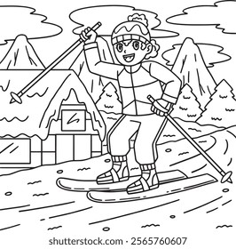 Skiing Girl Raising a Ski Pole Coloring Page 