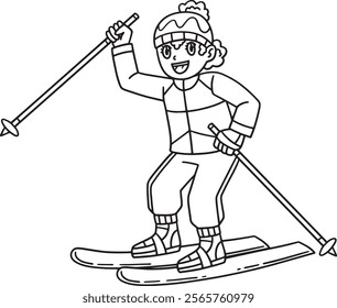 Skiing Girl Raising a Ski Pole Isolated Coloring 