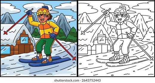 Moça de Esqui Levantando um Polo de Esqui Ilustração 