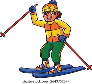 Garota de esqui levanta um polo de esqui Desenho animado Clipart 
