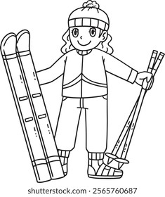 Skiing Girl with Skiboard Isolated Coloring Page 