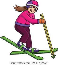 Garota de esqui tentando esquiar desenho animado colorido Clipart 