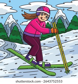 Skiing Girl Trying to Ski Colored Cartoon 