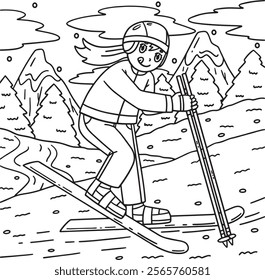 Skiing Girl Trying to Ski Coloring Page for Kids