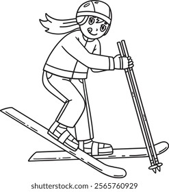 Skiing Girl Trying to Ski Isolated Coloring Page 