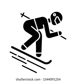 Skiing glyph icon. Winter extreme sport, risky activity and adventure. Cold seasonal outdoor dangerous leisure and hobby. Silhouette symbol. Negative space. Vector isolated illustration
