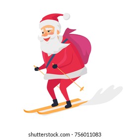 Skiing happy Santa Claus on white background. Vector illustration of man with bag on his back who wears warm red coat and trousers, soft hat and black boots gloves. Active lifestyle with winter sports