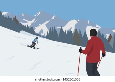 Skiing in high mountains, flat design vector illustration. Downhill skiier