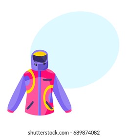 Skiing, hiking, winter sport down jacket, flat style vector illustration with space for text.