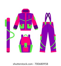 Skiing, hiking, winter sport down jacket, flat style vector illustration isolated on white background. Flat vector skiing, hiking, sport down parker, puffer jacket, colorful illustration