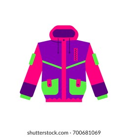 Skiing, hiking, winter sport down jacket, flat style vector illustration isolated on white background. Flat vector skiing, hiking, sport down parker, puffer jacket, colorful illustration