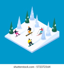 Skiing hill square isometric scenery element with colorful skiers and snowboarders figures snow terrain and trees vector illustration