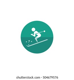 Skiing icon in flat color circle style. Sport people snow mountain downhill outdoor activity