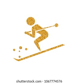 Skiing icon in gold glitter texture. Sparkle luxury style vector illustration.