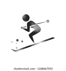 Skiing icon in halftone style. Black and white monochrome vector illustration.