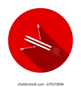 Skiing icon isolated on red background with long shadow. flat icon