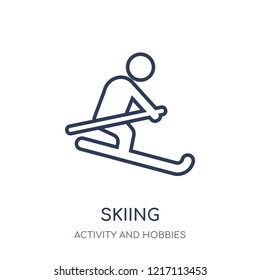 Skiing icon. Skiing linear symbol design from Activity and Hobbies collection. Simple outline element vector illustration on white background.