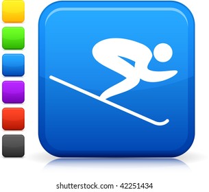 Skiing icon on square internet button  Six color options included.