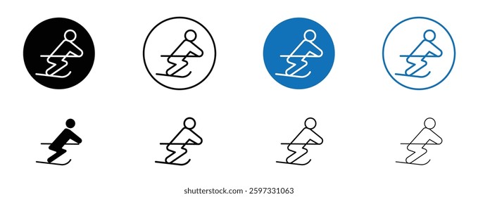 Skiing icon set in black and blue colors on white background