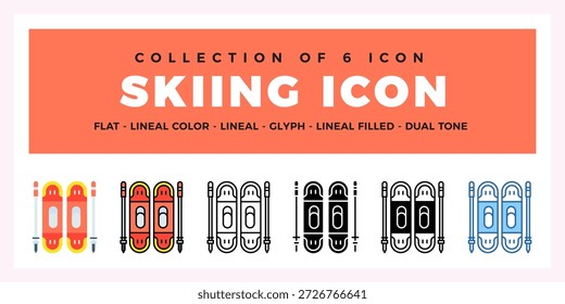 Symbol-Set für Skifahren. Flache lineare Farbe. Lineal. Glyphe. Lineal gefüllt. zweifarbig