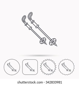 Skiing icon. Ski sticks or poles sign. Winter sport symbol. Linear circle, square and star buttons with icons.