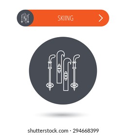 Skiing icon. Ski and sticks sign. Gray flat circle button. Orange button with arrow. Vector