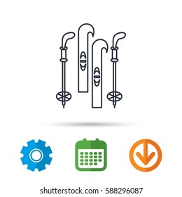 Skiing icon. Ski and sticks sign. Calendar, cogwheel and download arrow signs. Colored flat web icons. Vector