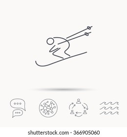 Skiing icon. Skis jumping extreme sport sign. Speed competition symbol. Global connect network, ocean wave and chat dialog icons. Teamwork symbol.