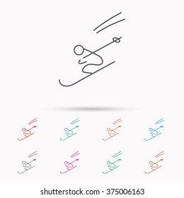Skiing icon. Skis jumping extreme sport sign. Speed competition symbol. Linear icons on white background.