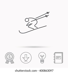 Skiing icon. Skis jumping extreme sport sign. Speed competition symbol. Download arrow, lamp, learn book and award medal icons.