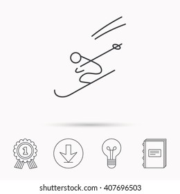 Skiing icon. Skis jumping extreme sport sign. Speed competition symbol. Download arrow, lamp, learn book and award medal icons.