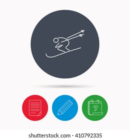 Skiing icon. Skis jumping extreme sport sign. Speed competition symbol. Calendar, pencil or edit and document file signs. Vector