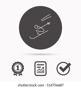 Skiing icon. Skis jumping extreme sport sign. Speed competition symbol. Report document, winner award and tick. Round circle button with icon. Vector