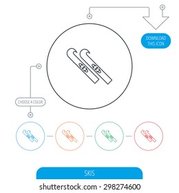 Skiing icon. Skis sign. Winter sport symbol. Line circle buttons. Download arrow symbol. Vector