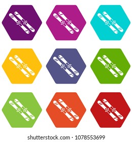 Skiing icons 9 set coloful isolated on white for web