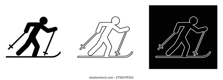 Skiing icons set with three different styles of skiers in action on snow